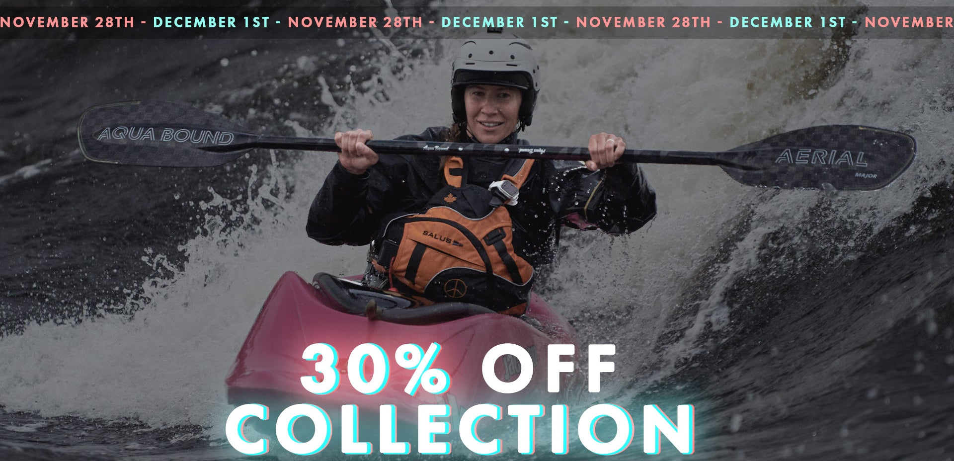 Person kayaking with promotional text for a 30% off collection on a dark water background