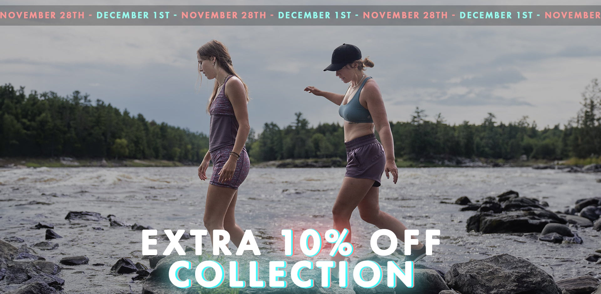 Two women walking on a rocky shoreline with promotional text overlay.