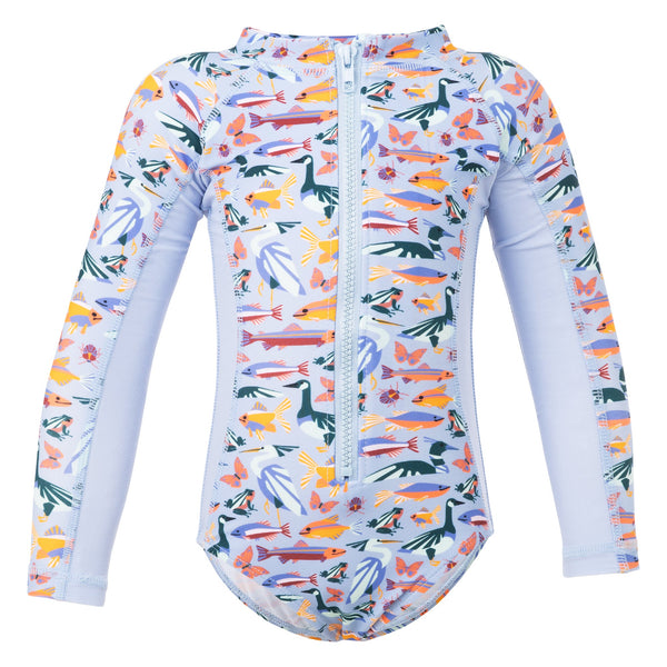 Kaia Long Sleeve One Piece Swimsuit - Foliage Blue - Front